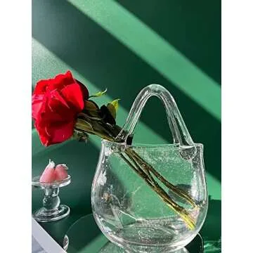 Amatesy Glass Purse Vase for Flowers,Unique Round Shaped Glass Bag Vase with Handle and Bubbles,Centerpieces Clear Hand Blown Glass Purse Vase for Kitchen, Bathroom, Living Room and Home Decor