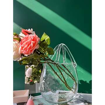 Amatesy Glass Purse Vase for Flowers,Unique Round Shaped Glass Bag Vase with Handle and Bubbles,Centerpieces Clear Hand Blown Glass Purse Vase for Kitchen, Bathroom, Living Room and Home Decor