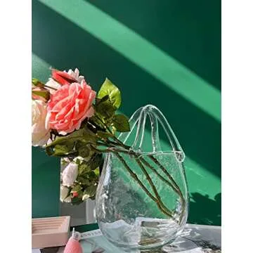 Amatesy Glass Purse Vase for Flowers,Unique Round Shaped Glass Bag Vase with Handle and Bubbles,Centerpieces Clear Hand Blown Glass Purse Vase for Kitchen, Bathroom, Living Room and Home Decor