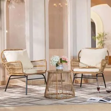 NICESOUL® 3 Pieces Boho Outdoor Small Patio Furniture Chair Set with Beige Cushion and Round Glass Table, Rattan Wicker Rope Woven Chair, Bistro Set for Garden Balcony Deck Porch Backyard Apartment