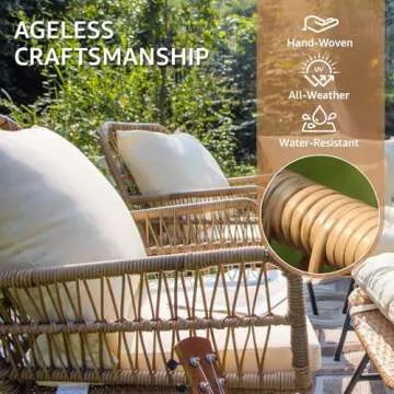 NICESOUL® 3 Pieces Boho Outdoor Small Patio Furniture Chair Set with Beige Cushion and Round Glass Table, Rattan Wicker Rope Woven Chair, Bistro Set for Garden Balcony Deck Porch Backyard Apartment