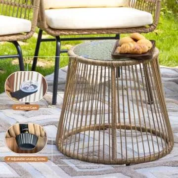 NICESOUL® 3 Pieces Boho Outdoor Small Patio Furniture Chair Set with Beige Cushion and Round Glass Table, Rattan Wicker Rope Woven Chair, Bistro Set for Garden Balcony Deck Porch Backyard Apartment