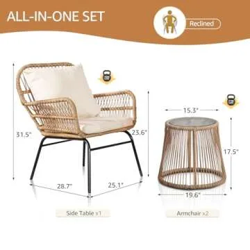 NICESOUL® 3 Pieces Boho Outdoor Small Patio Furniture Chair Set with Beige Cushion and Round Glass Table, Rattan Wicker Rope Woven Chair, Bistro Set for Garden Balcony Deck Porch Backyard Apartment