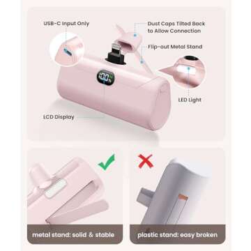 Pink Small Portable Charger with Metal Stand 5000mAh for iPhone 14/13/12/11/XR