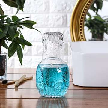 Vintage Bedside Water Carafe and Glass Set for Bedroom Nightstand, Bediside, Thicked Glass Mouthwash Decanter for Bathroom, Water Pitcher Set (33 OZ)