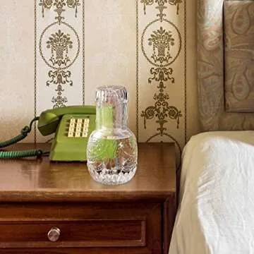 Vintage Bedside Water Carafe and Glass Set for Bedroom Nightstand, Bediside, Thicked Glass Mouthwash Decanter for Bathroom, Water Pitcher Set (33 OZ)