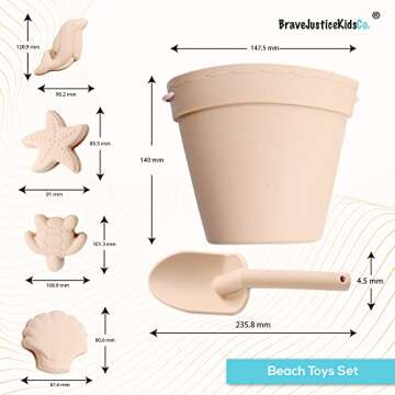 BraveJusticeKidsCo. Silicone Beach Toys - Modern Baby Travel Friendly Beach Set | Bucket, Shovel, 4 Sand Molds, Bag | Sand Toys for Toddlers, Kids - 7pc (Warm Sand)