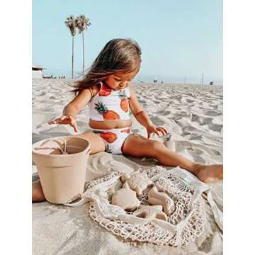 BraveJusticeKidsCo. Silicone Beach Toys - Modern Baby Travel Friendly Beach Set | Bucket, Shovel, 4 Sand Molds, Bag | Sand Toys for Toddlers, Kids - 7pc (Warm Sand)