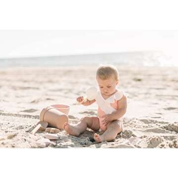 BraveJusticeKidsCo. Silicone Beach Toys - Modern Baby Travel Friendly Beach Set | Bucket, Shovel, 4 Sand Molds, Bag | Sand Toys for Toddlers, Kids - 7pc (Warm Sand)