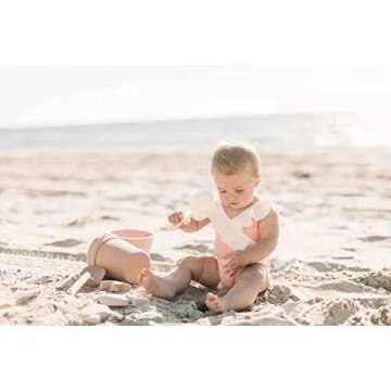 BraveJusticeKidsCo. Silicone Beach Toys - Modern Baby Travel Friendly Beach Set | Bucket, Shovel, 4 Sand Molds, Bag | Sand Toys for Toddlers, Kids - 7pc (Warm Sand)