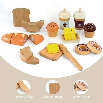 PairPear Wooden Bakery Toy Food Playset,Kids Pretend Play Food Kitchen Accessories with Shopping Bag...