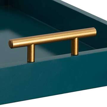 Kate and Laurel Lipton Mid Century Modern Decorative Wood Tray with Brushed Gold Metal Handles, Dark Teal