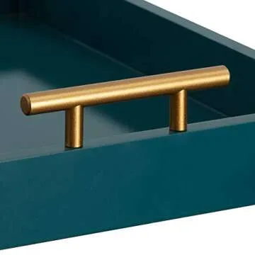 Kate and Laurel Lipton Mid Century Modern Decorative Wood Tray with Brushed Gold Metal Handles, Dark Teal