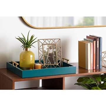 Kate and Laurel Lipton Mid Century Modern Decorative Wood Tray with Brushed Gold Metal Handles, Dark Teal