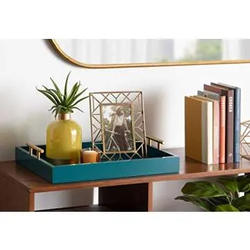 Kate and Laurel Lipton Mid Century Modern Decorative Wood Tray with Brushed Gold Metal Handles, Dark Teal