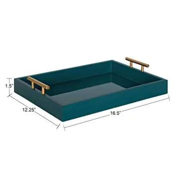 Kate and Laurel Lipton Mid Century Modern Decorative Wood Tray with Brushed Gold Metal Handles, Dark Teal