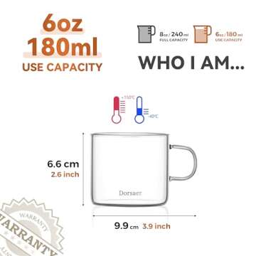 Dorsaer Glass Cups -6oz Small Crystal Clear Glass Coffee Cup for Latte,Cappuccino,Hot Chocolate,Tea and Juice (Set of 2)