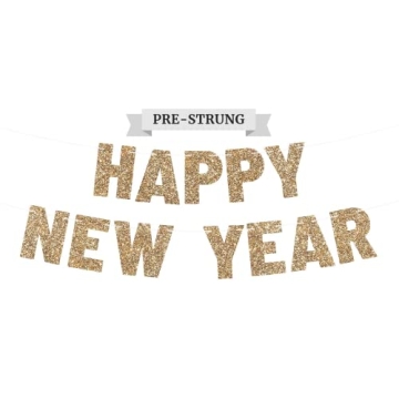 Gold Glitter Happy New Year Banner - Pre-Strung Delight
