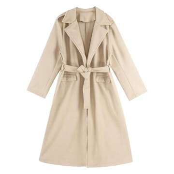 YONGHS Womens Casual Long Trench Coat Open Front Lapel Overcoat Windproof Classic Peacoat with Self-Tie Belt Beige Small