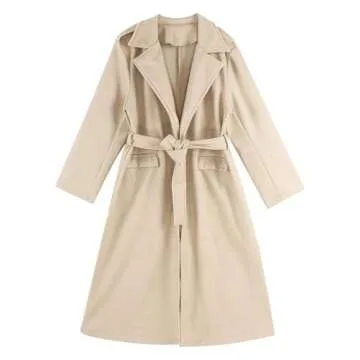 YONGHS Womens Casual Long Trench Coat Open Front Lapel Overcoat Windproof Classic Peacoat with Self-Tie Belt Beige Small