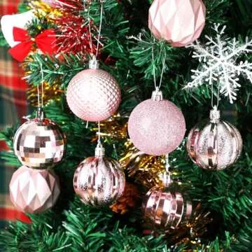 JULMELON 24PCS Large Christmas Balls Ornaments,60mm/2.4 in Shatterproof Plastic Decorative Xmas Tree Ornaments, Assorted Christmas Ball Ornaments for Wedding Mothers Day Party Decorations (Pink)