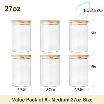EcoEvo Glass Jars with Bamboo Lids (27oz in 6 Pack), Glass Food Jars and Canisters Sets, Glass Food Storage Jars with Airtight Lids, Glass Canisters with lids, Glass Pantry Jars, Glass Jars with Lids.