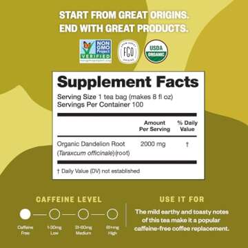 FGO Organic Roasted Dandelion Root Tea, 100 Count, Eco-Conscious Tea Bags, Resealable Bag, Caffeine Free, Packaging May Vary (Pack of 1)