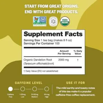 FGO Organic Roasted Dandelion Root Tea, 100 Count, Eco-Conscious Tea Bags, Resealable Bag, Caffeine Free, Packaging May Vary (Pack of 1)