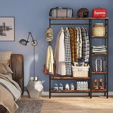 Tribesigns Free-standing Closet Organizer with Hooks, Heavy Duty Clothes Shelf Garment Rack with Shelves and Hanging Rod, Metal Clothing Storage for Bedroom, Capacity 450lb