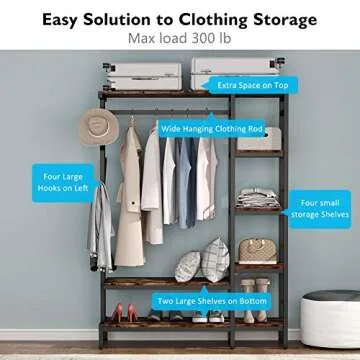 Tribesigns Free-standing Closet Organizer with Hooks, Heavy Duty Clothes Shelf Garment Rack with Shelves and Hanging Rod, Metal Clothing Storage for Bedroom, Capacity 450lb
