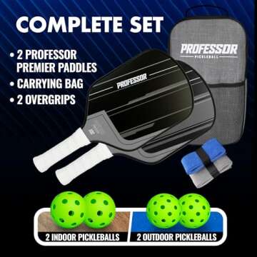 Professor Premier Pickleball Paddle Set of 2 Fiberglass Surface Paddles, 4 Balls, Carrying Bag & Grips - 2024 USAPA Approved!…