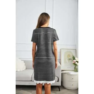 Ekouaer Sleepwear Women's Casual V Neck Nightshirt Short Sleeve Short Nightgown (Black & White Stripes, Large)