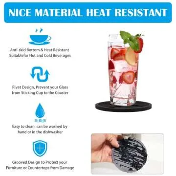 Coasters for Drinks, Silicone Coasters for Coffee Table 6 Set, Non-Slip, Heat Resistant Coasters Fit All Cups, for Bar, Wooden Table, Coffee Table Decor, Soft Coaster for Tabletope Protection (Black)