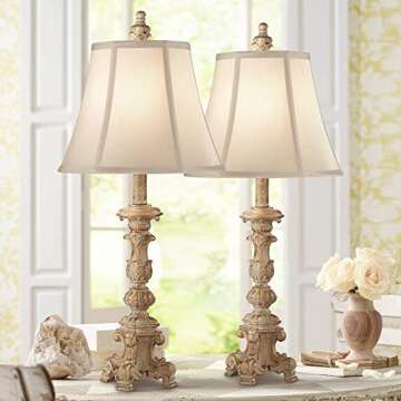 Regency Hill Elize Traditional French Country Style Vintage White Washed Candlestick Table Lamps 26.5" High Set of 2 Bell Shade for Living Room Bedroom House Bedside Nightstand Home Office