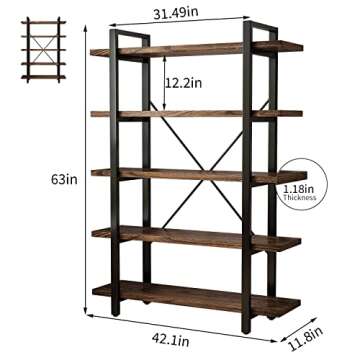 5-Tier Industrial Style Solid Wood Bookcase and Book Shelves,Rustic Wood and Metal Shelving Unit， ...