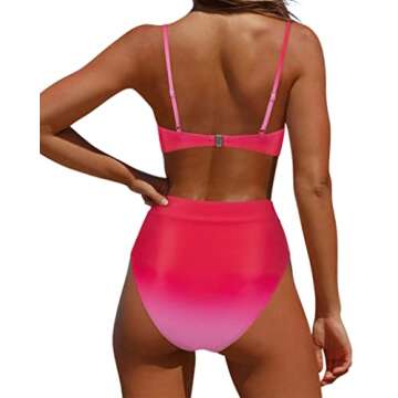 MOSHENGQI Women High Waisted High Cut Bikini Push Up Bandeau Swimsuits (L, Ombre Pink Tie Dye)