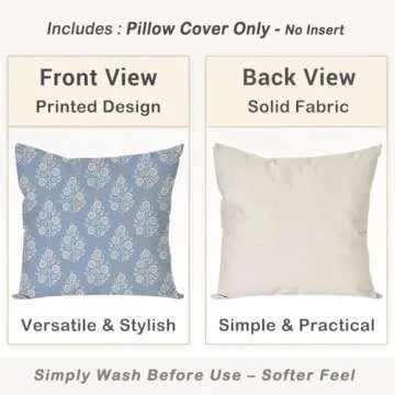 HERHOME Vintage Floral Block Print Decorative Throw Pillow Covers 18x18 Inch Set of 2 Light Blue Outdoor Cottage Spring Winter Decor Cushion Cases Grandmillennial Decorations for Home Room Sofa