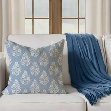 HERHOME Vintage Floral Block Print Decorative Throw Pillow Covers 18x18 Inch Set of 2 Light Blue Outdoor Cottage Spring Winter Decor Cushion Cases Grandmillennial Decorations for Home Room Sofa