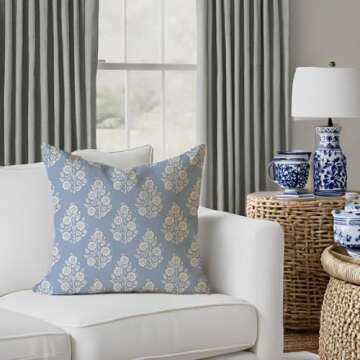 HERHOME Vintage Floral Block Print Decorative Throw Pillow Covers 18x18 Inch Set of 2 Light Blue Outdoor Cottage Spring Winter Decor Cushion Cases Grandmillennial Decorations for Home Room Sofa