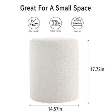 Get Set Style Modern Round Ottoman with Soft Padded Seat, Multifunctional Vanity Chairs for Makeup, Upholstered Footrest Stool Ottoman Foot Stool for Living Room, Bedroom, boucle, White