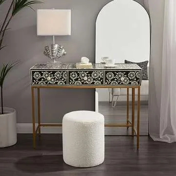 Get Set Style Modern Round Ottoman with Soft Padded Seat, Multifunctional Vanity Chairs for Makeup, Upholstered Footrest Stool Ottoman Foot Stool for Living Room, Bedroom, boucle, White