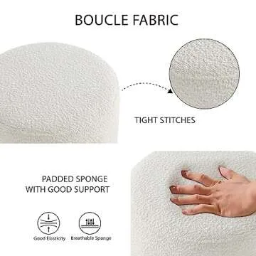 Get Set Style Modern Round Ottoman with Soft Padded Seat, Multifunctional Vanity Chairs for Makeup, Upholstered Footrest Stool Ottoman Foot Stool for Living Room, Bedroom, boucle, White