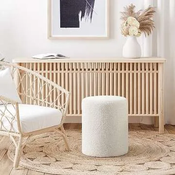 Get Set Style Modern Round Ottoman with Soft Padded Seat, Multifunctional Vanity Chairs for Makeup, Upholstered Footrest Stool Ottoman Foot Stool for Living Room, Bedroom, boucle, White