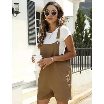 Fiona Jolin Women's Summer Cotton Linen Short Overalls Casual Bib Overall Shorts Rompers with Pockets (Khaki-M)