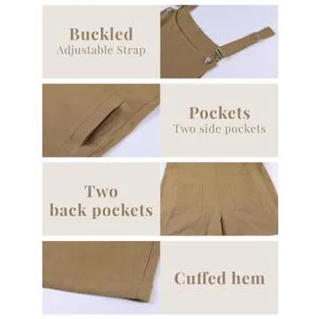 Fiona Jolin Women's Summer Cotton Linen Short Overalls Casual Bib Overall Shorts Rompers with Pockets (Khaki-M)