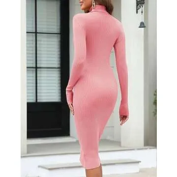 ninovino Women's Turtleneck Ribbed Long Sleeve Bodycon Midi Dress Pink-S