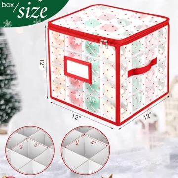 BlessedSeason Christmas Ornament Storage Box with Adjustable Dividers, Store up to 64 of 3-inch or 36 4-inch Christmas Ornaments, Plastic Xmas Ornaments Storage with Zippered Closure & Two Handles