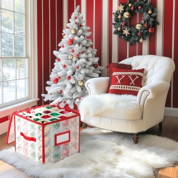 BlessedSeason Christmas Ornament Storage Box with Adjustable Dividers, Store up to 64 of 3-inch or 36 4-inch Christmas Ornaments, Plastic Xmas Ornaments Storage with Zippered Closure & Two Handles