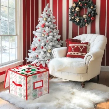 BlessedSeason Christmas Ornament Storage Box with Adjustable Dividers, Store up to 64 of 3-inch or 36 4-inch Christmas Ornaments, Plastic Xmas Ornaments Storage with Zippered Closure & Two Handles