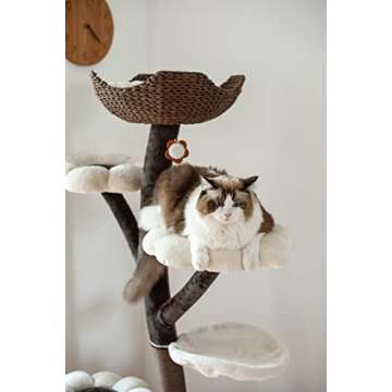 Catry Cat Tree - Woodowoodo - All-in-One Cat Tower with Cat Scratching Post, Cat Hammock, Hand Woven Paper Baskets, & Teasing Toy